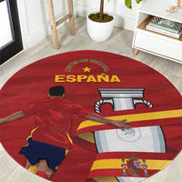 Red round Spain rug with ESPANA lettering, bull face, flag stripes, and coat of arms