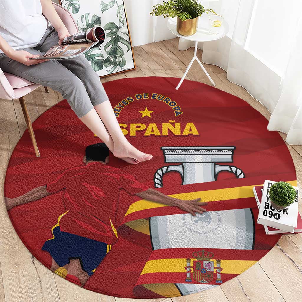 Red circular Spain rug showing ESPANA text, bull graphic, and flag with coat of arms