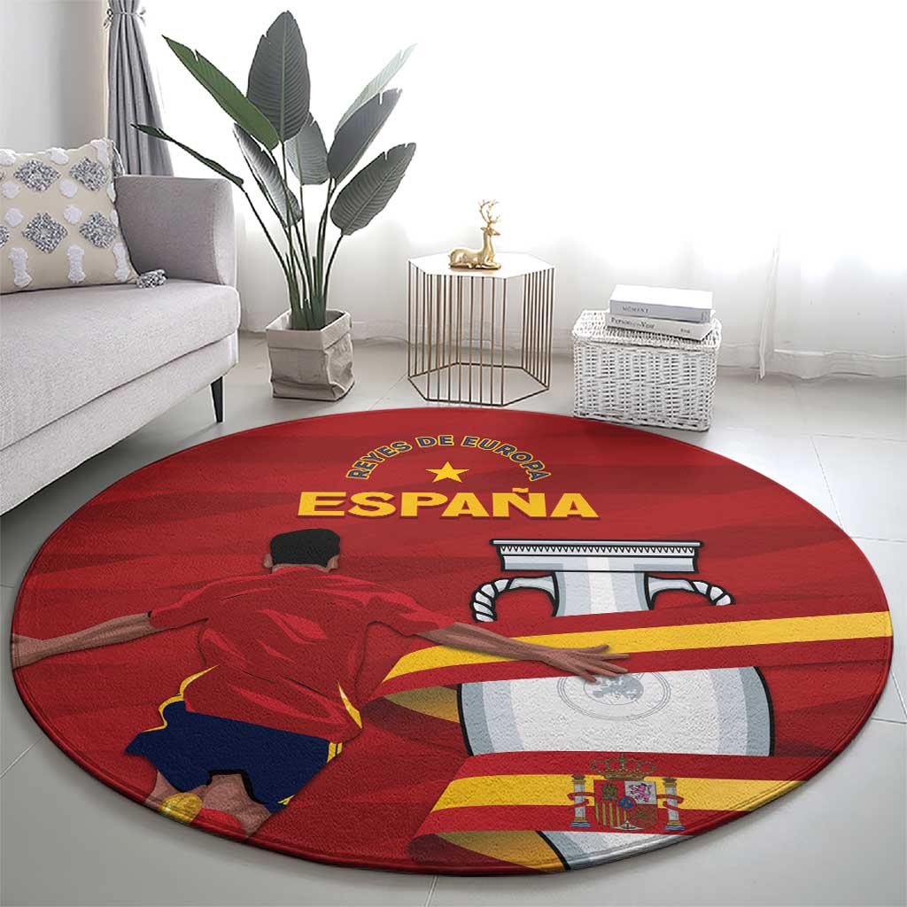 Red round Spain rug with large ESPANA title, bull graphic, flag stripes, and crest