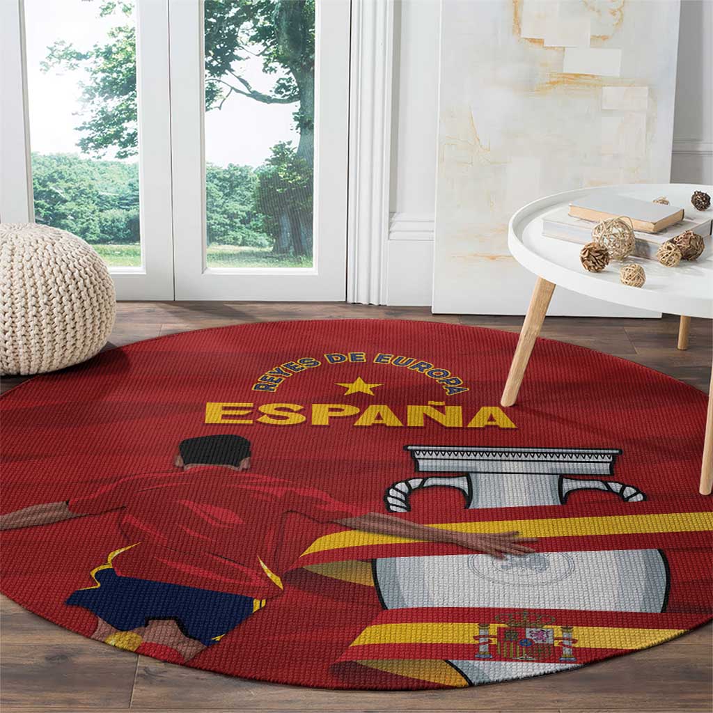 Red round Spain carpet with ESPANA lettering, bull face, flag stripes, and coat of arms