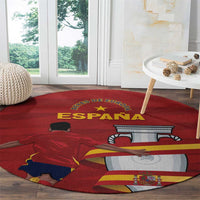 Red round Spain carpet with ESPANA lettering, bull face, flag stripes, and coat of arms