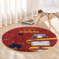 Red circular Spain rug with ESPANA text, bull graphic, and flag stripes