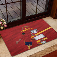 Red rubber Spain doormat with footballer and shield/flag design