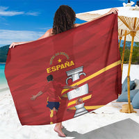 Red Spain Campeones sarong with Spain crest and soccer trophy graphic
