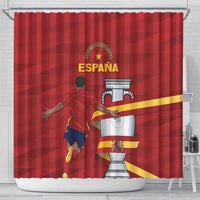 Spain Campeones shower curtain with red soccer player and trophy graphic