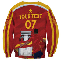 Red crewneck sweatshirt with yellow stripes and “YOUR TEXT 07” front print
