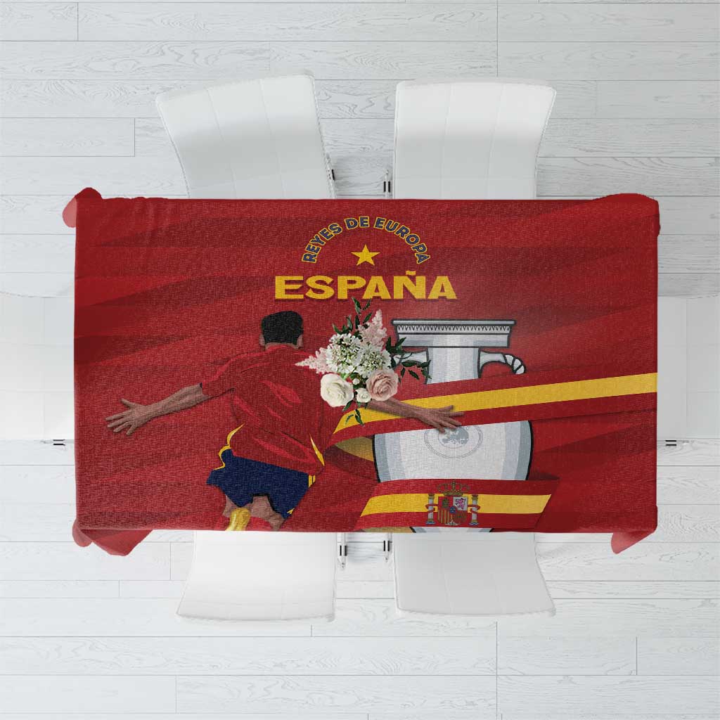 Tablecloth with red Spain Campeones soccer graphic and yellow accents