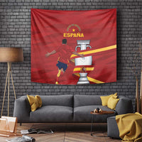 Red Spain tapestry wall hanging with runner and trophy, plus yellow accents