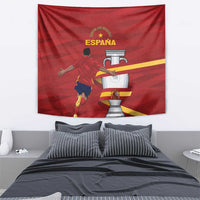 Red Spain tapestry wall hanging featuring runner and large trophy chess piece