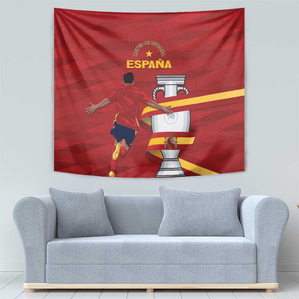 Red Spain tapestry wall hanging with runner and trophy, mounted on a wall