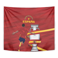 Red Spain tapestry wall hanging close-up showing runner and trophy chess graphic