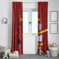 Red Spain window curtain panels with vertical flag graphic and gathered header