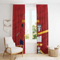 Red Spain curtain panels with pleated top and full flag and coat-of-arms print