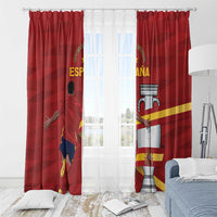 Red Spain window curtain panels ring-hung on a rod with flag and crest print
