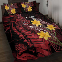 Quilt bed set with black, red, yellow Celtic dragon and cross motifs