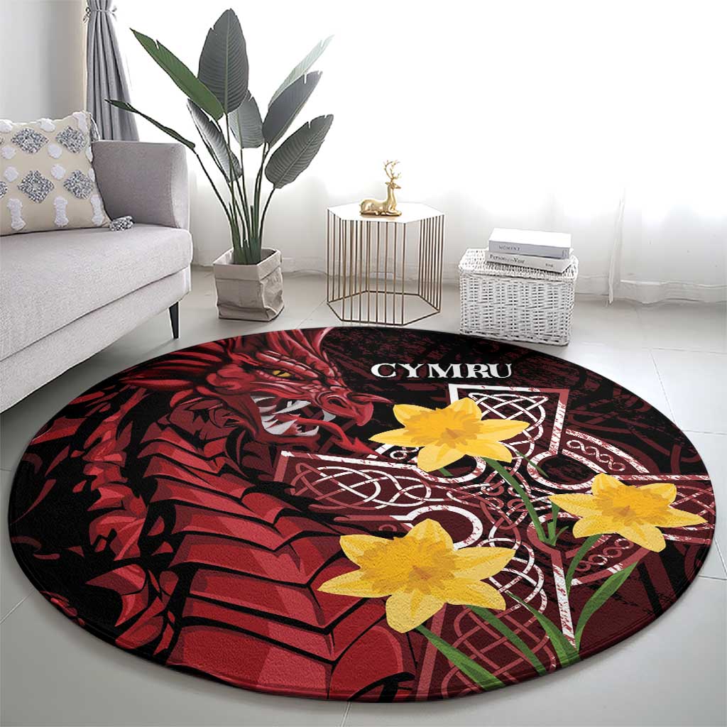 Round Welsh dragon rug, black and red with yellow flowers and CYMRU emblem