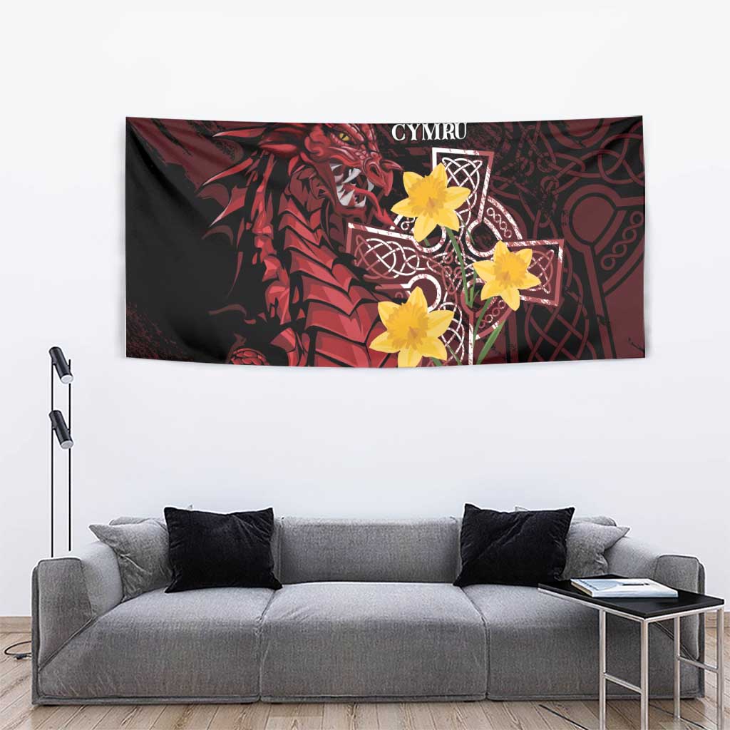Wales Cymru Am Byth Tapestry Welsh Dragon with Celtic Cross - Wonder Print Shop
