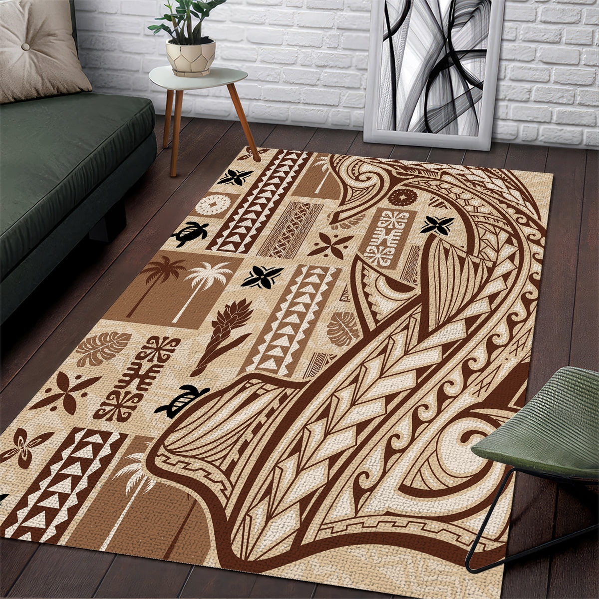 Beige and brown tapa patterned area rug with tribal motifs, swirls, and geometric borders