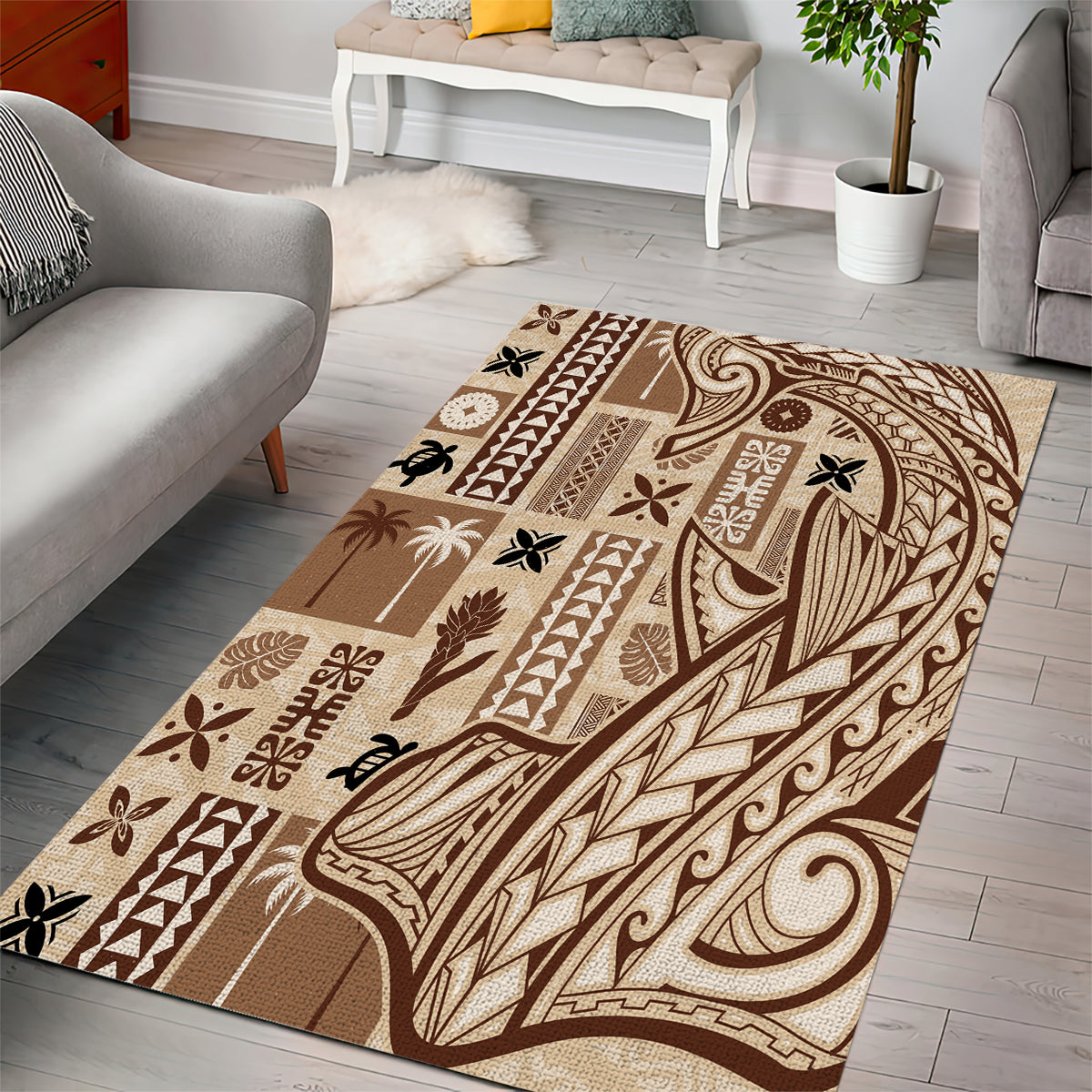 Brown and beige tapa print area rug with bird, leaf, and swirl designs across the surface