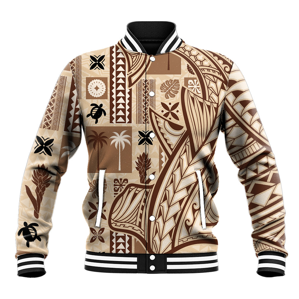 Beige tapa-pattern baseball jacket with black ribbed trim and snap buttons