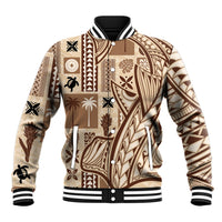 Beige tapa-pattern baseball jacket with black ribbed trim and snap buttons