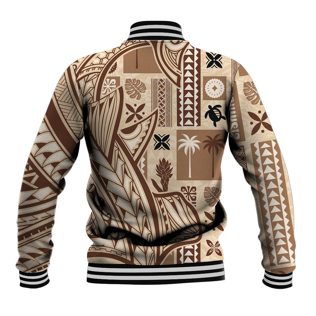Beige tapa-pattern baseball jacket with black ribbed waistband and striped cuffs
