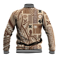 Beige tapa-pattern baseball jacket with black ribbed waistband and striped cuffs