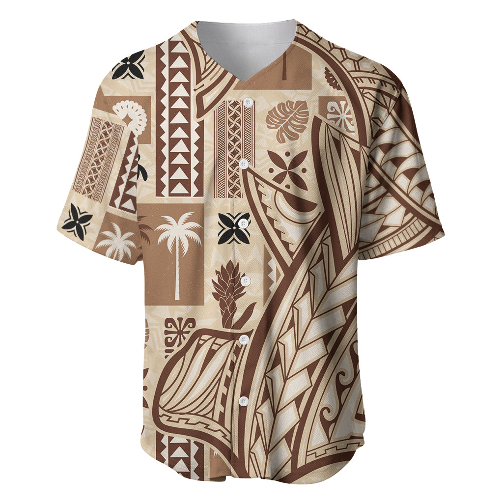 Beige tapa-style baseball jersey with brown geometric and floral tribal patterns, button placket
