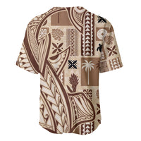 Beige baseball jersey with back view tapa pattern, brown stripes, flowers, and tiki icons