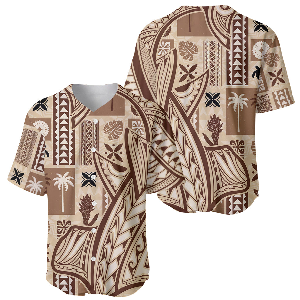 Beige baseball jersey shown front and back with tapa-style tribal print in brown and cream