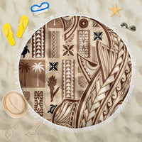 150cm round beach blanket, beige with brown tapa pattern, white fringe edge