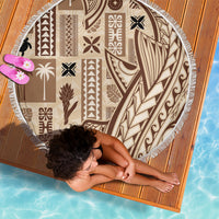 150cm round beach blanket with beige tapa patchwork design and white fringed border