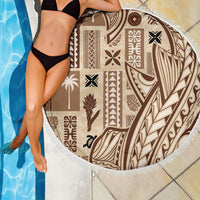 Round beach blanket, beige and brown tapa print with white fringe border