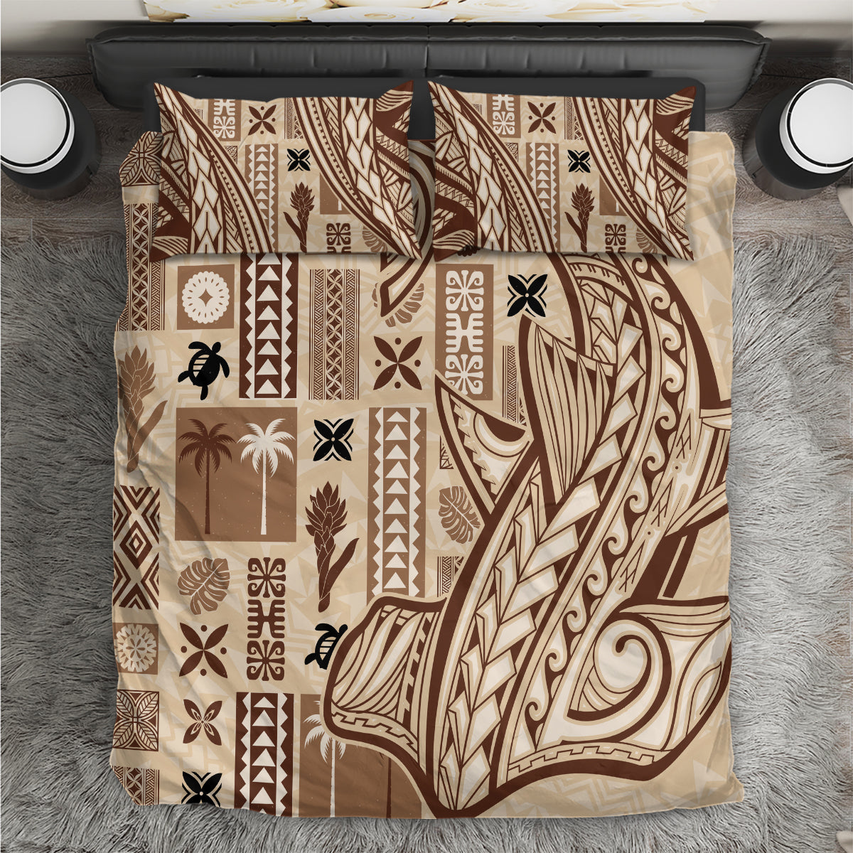 Beige and brown tapa-pattern duvet and pillow set with geometric motifs