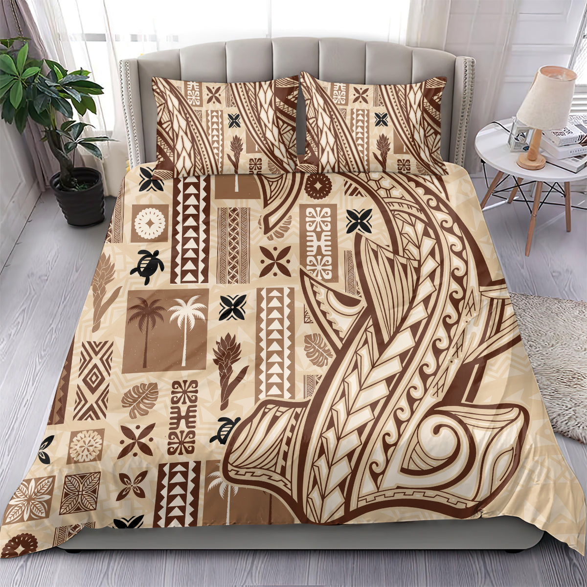 Beige tapa-pattern bedding set with matching pillowcases on a made bed