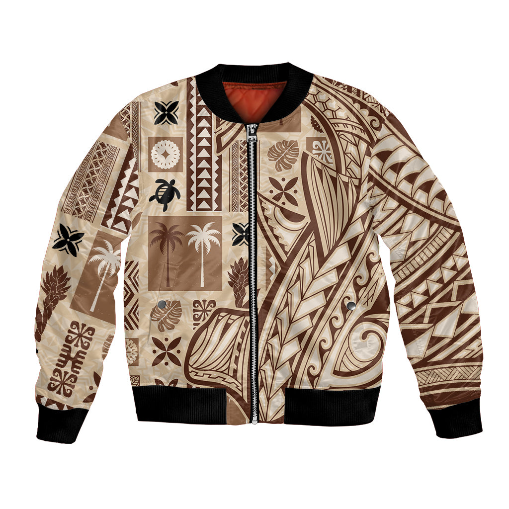 Beige bomber jacket with zip front and black-brown tapa pattern, ribbed collar and cuffs