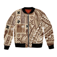 Beige bomber jacket with zip front and black-brown tapa pattern, ribbed collar and cuffs