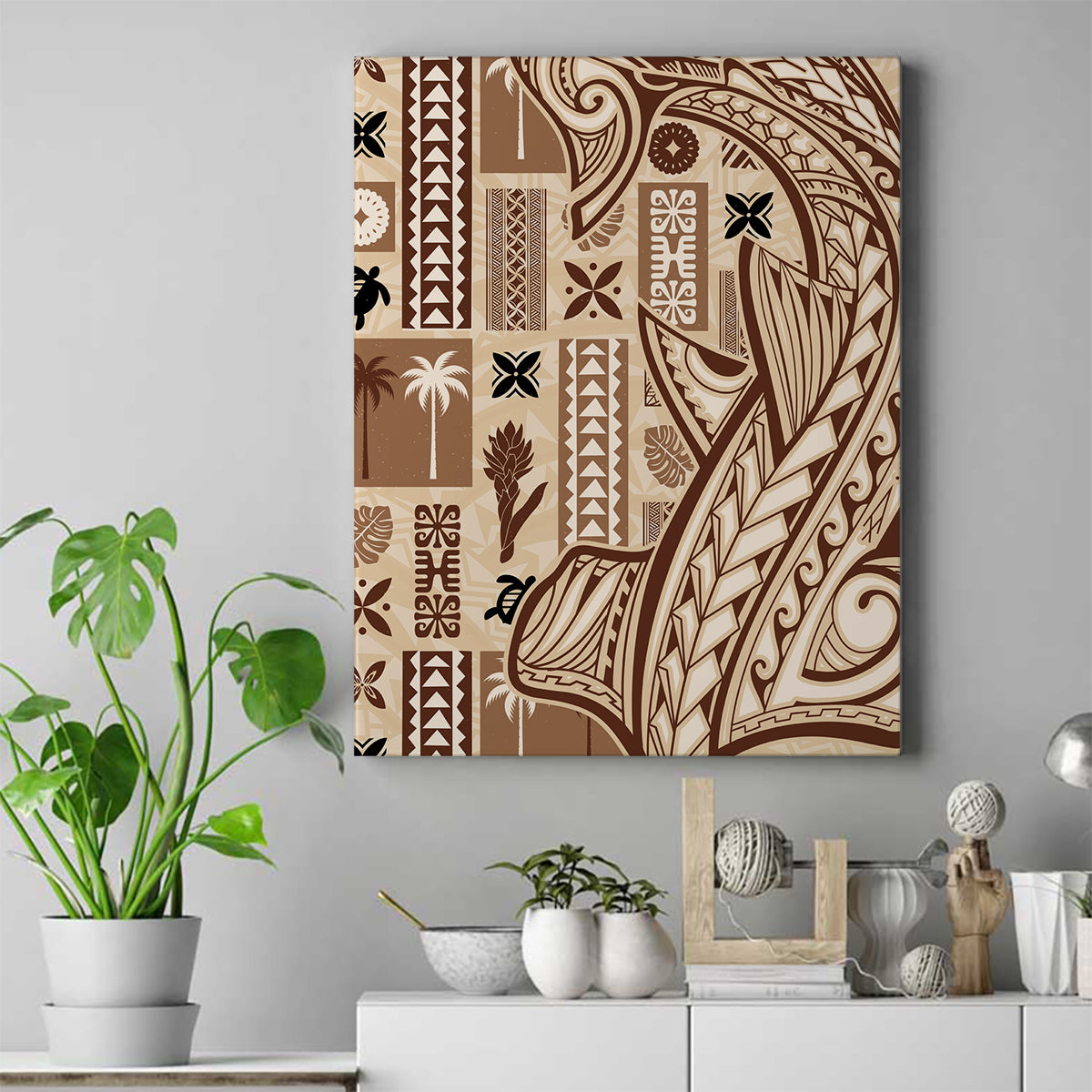 Tapa canvas wall art with beige and brown Polynesian tatau pattern, unframed