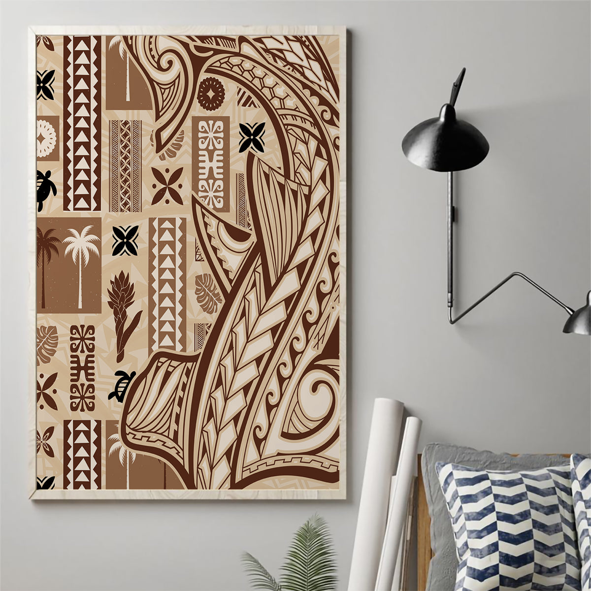 Unframed tapa canvas wall art with bold tatau and geometric motifs in beige and brown