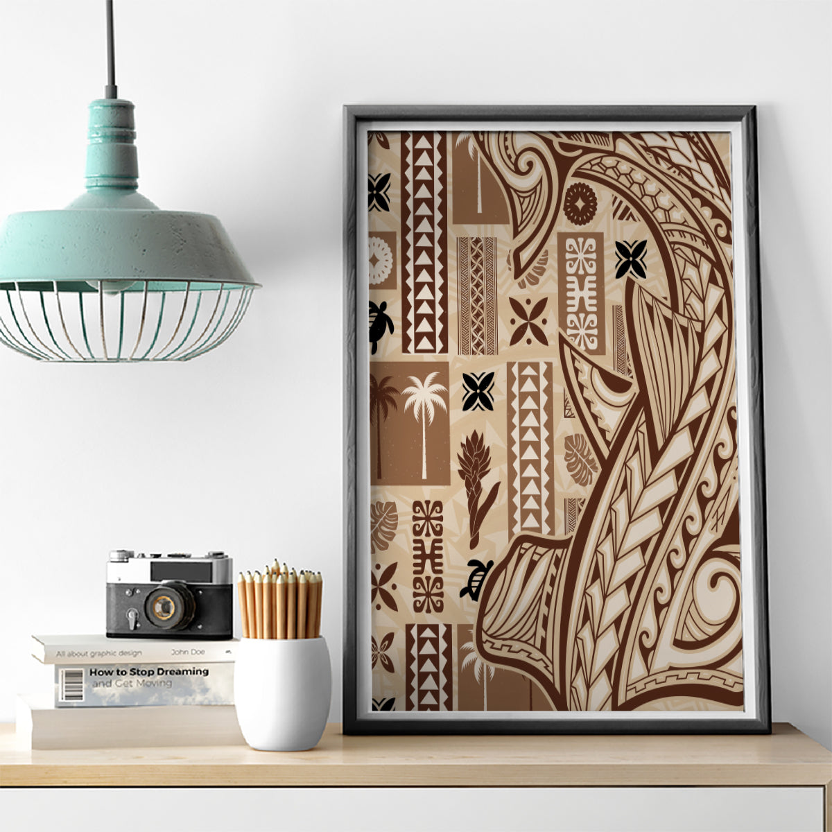 Dark gray framed tapa canvas wall art with beige and brown tatau and geometric motifs