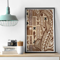 Dark gray framed tapa canvas wall art with beige and brown tatau and geometric motifs