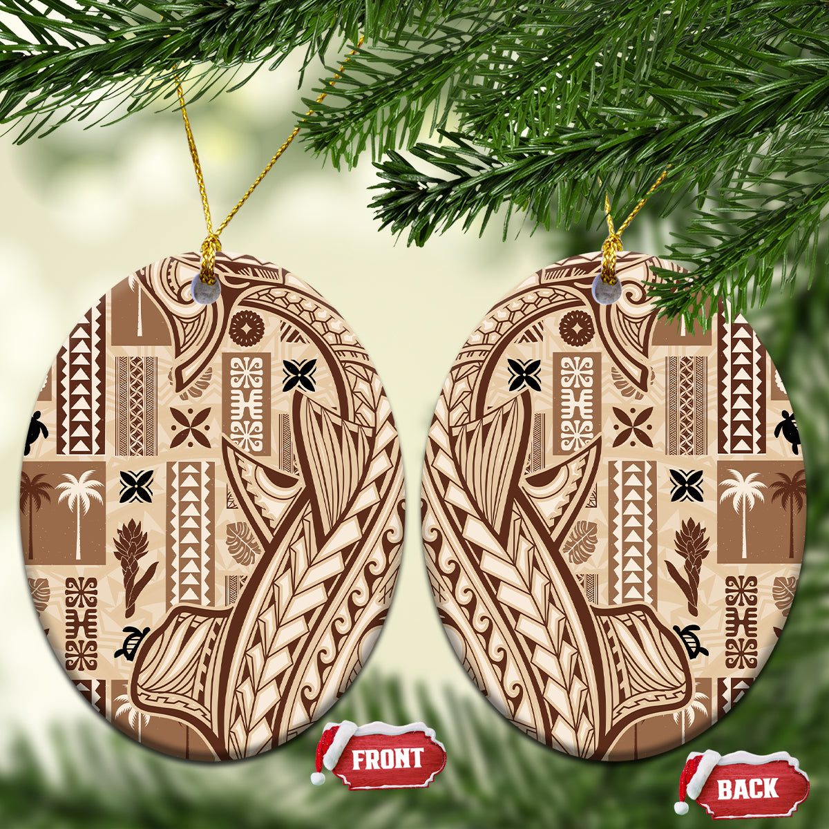 Oval beige ceramic Samoa tapa ornaments with dark patterned design and gold hanging loops.