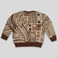 Kids' round-neck sweater, back view with beige-and-brown tapa pattern, ribbed cuffs