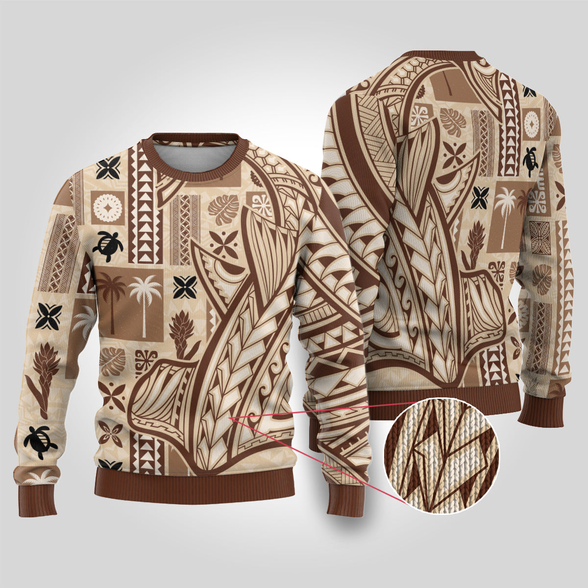 Beige tapa-pattern ugly sweater, long sleeves, crew neck, brown rib trim