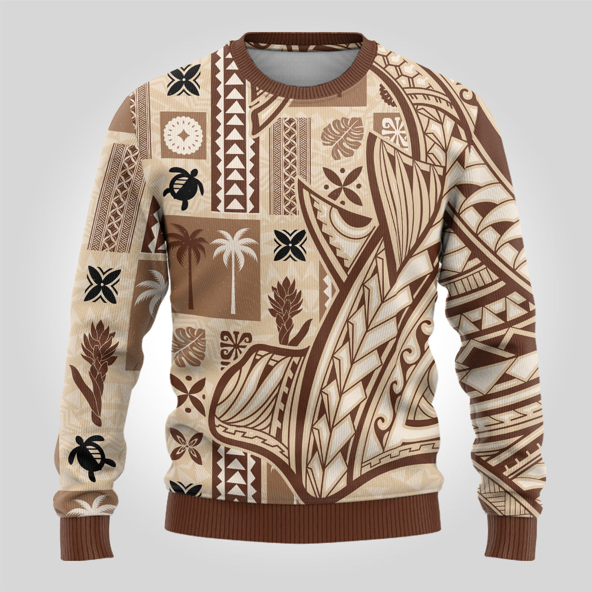 Beige tapa-pattern sweater front view, crew neck, long sleeves, brown ribbed hem and cuffs