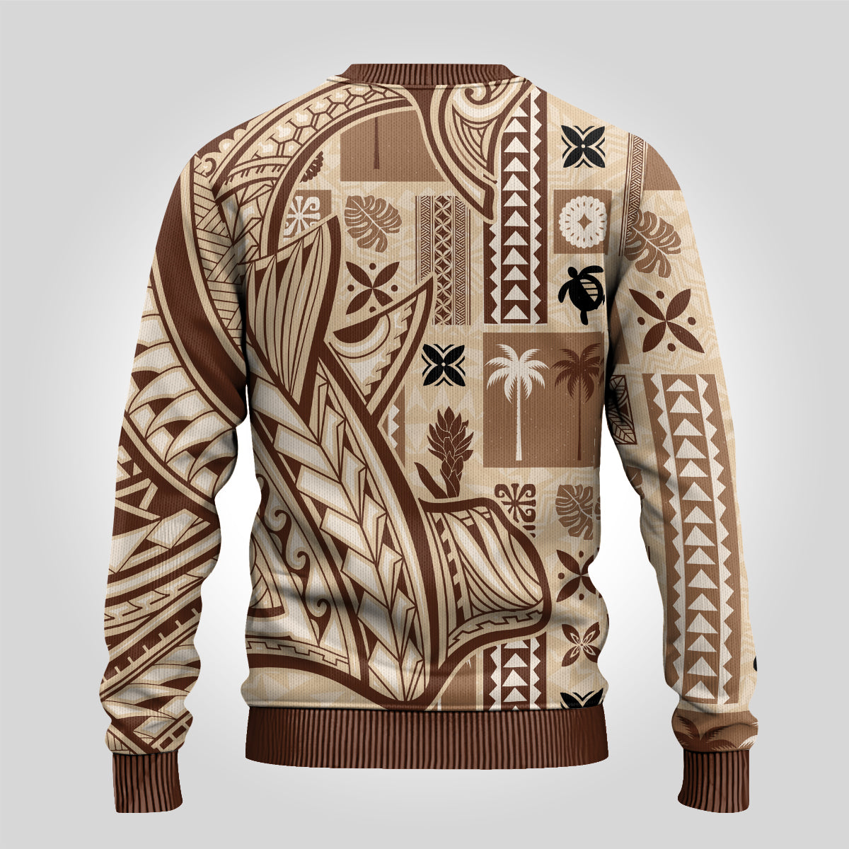 Back of beige tapa-pattern sweater, crew neck, long sleeves, brown ribbed cuffs