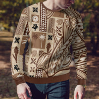 Beige tapa-pattern sweater torso with long sleeves and brown rib hem