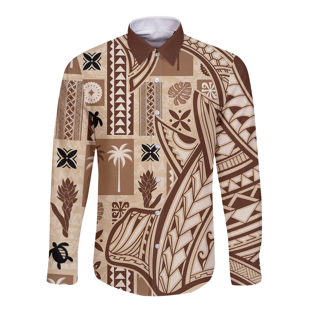 Long sleeve button-up shirt with beige and dark brown tapa print, front view.