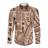Long sleeve button-up shirt with beige and dark brown tapa print, front view.