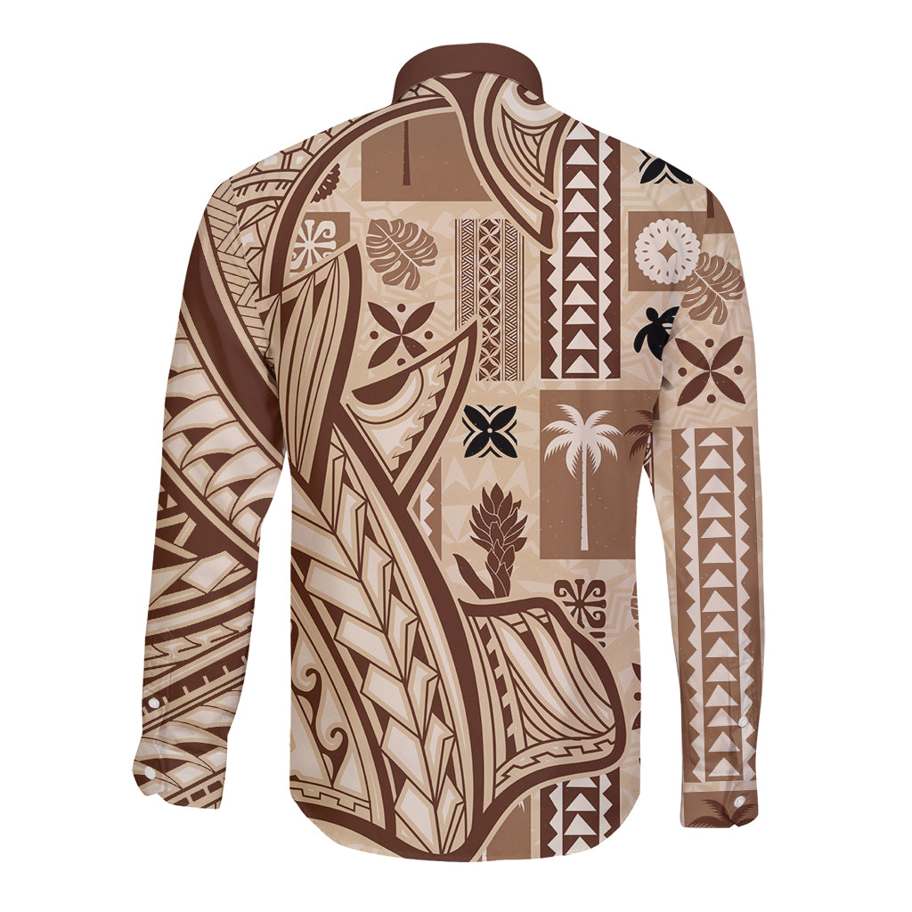 Long sleeve button-up shirt with beige and dark brown tapa pattern, back view.